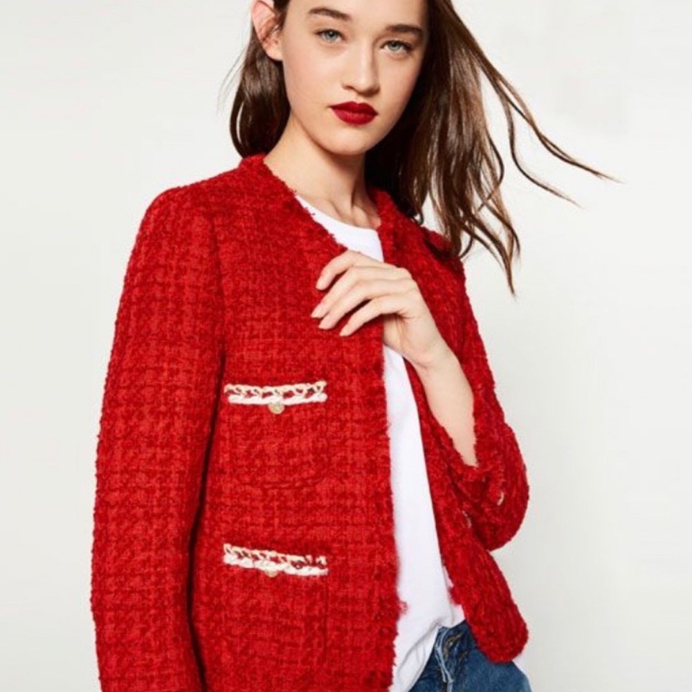 🎉HP🎉❣️ZARA TWEED JACKET BEAUTIFUL RED❣️ - Picture 1 of 7